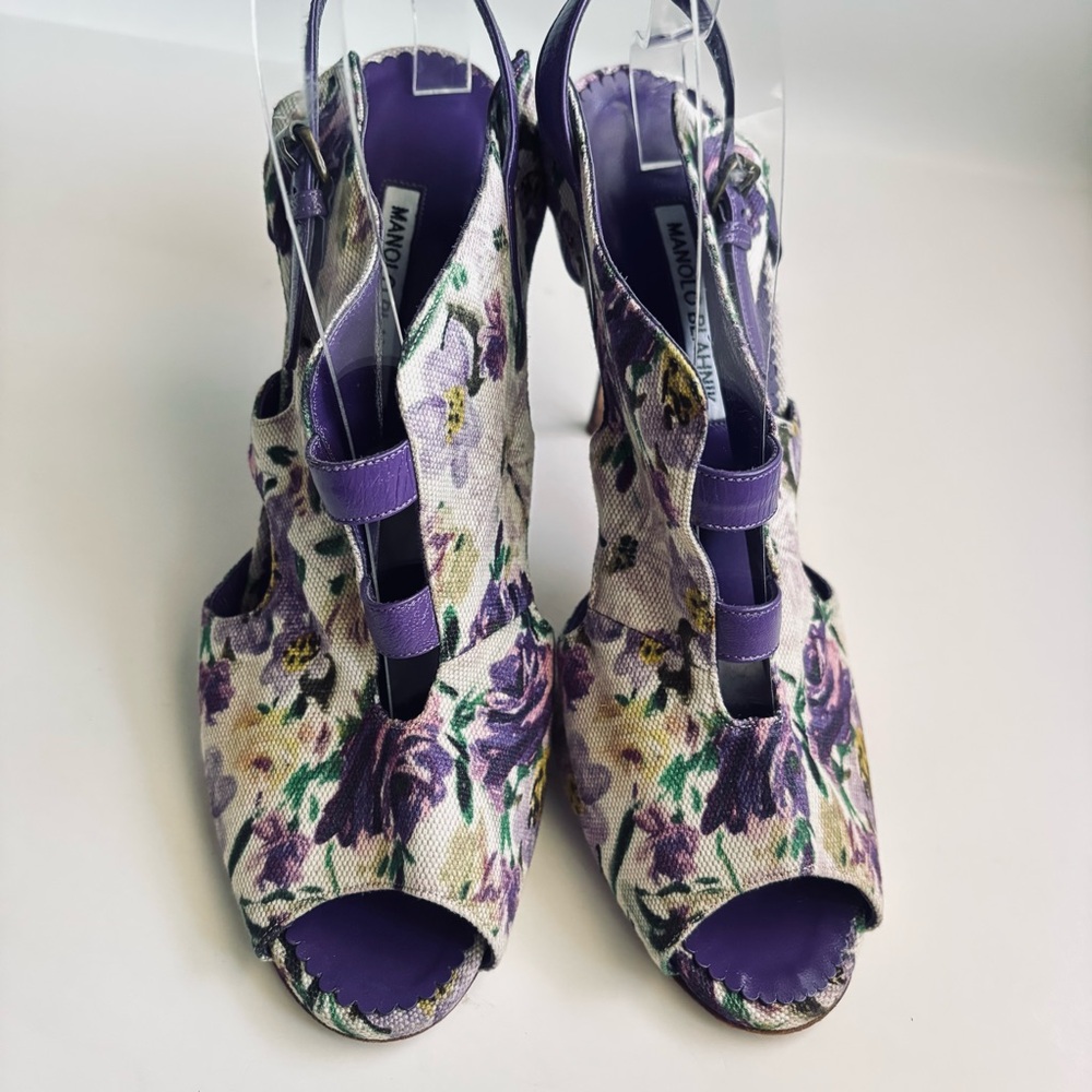 Manolo Blahnik Floral Cotton Slingback Purple Heels Sandals Shoe Size 11.5 - Picture 5 of 15